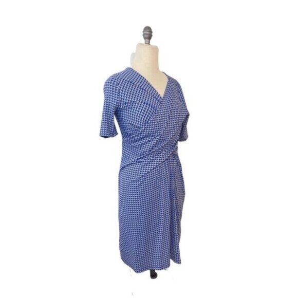 Talbots Petites Blue Gold Diamond print Stretch Dress Medium Petite MP - Picture 2 of 4